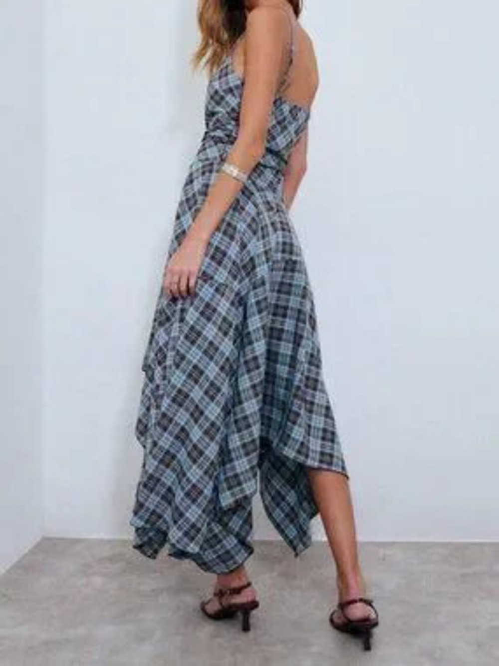Brown Casual Women's Plaid Asymmetrical Lace Up Midi Dress